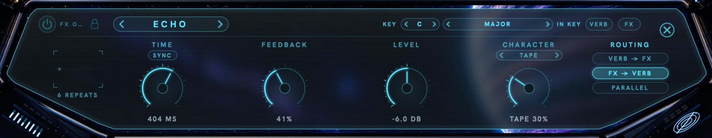 Stratosphere effects HUD on the cockpit window: Echo with time, feedback, level, Tape character and routing options