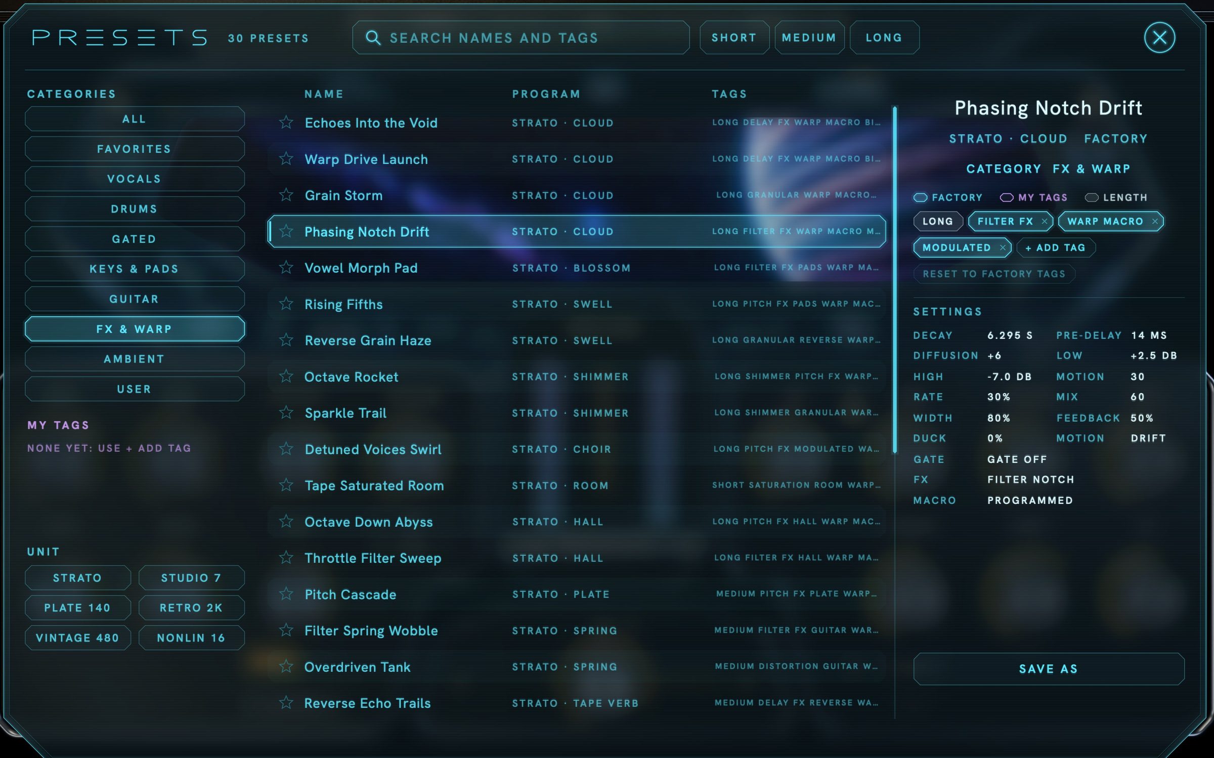 Stratosphere preset browser: categories, search, length filters, preset list with programs and tags, and a settings preview panel